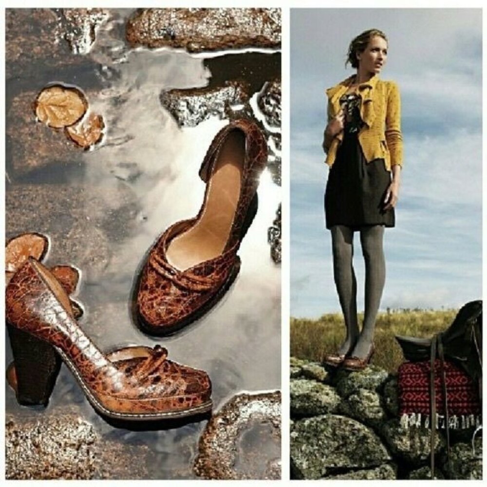 Anthro Schuler and Sons Linnaean Croc D'Orsay Cone Heel Stacked Pumps